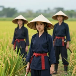 award - winning photo of a vietnamese girl ninja wearing conical vietnamese hat standing in rice field by hiroko sakai and greg rutkowski and min guen, trending on artstation, ultrarealistic, photorealistic, 8 k render, octane render, unreal render