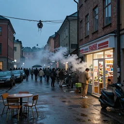 Hordes of Zombies in Stockholm, Sweden, Intersection, Storefront, alleyway, chairs, table, city street lights, clumps of cables, abandoned cars, smoke, umbrella, convenience store, dusk sky, dingy city street, exiting store, getting groceries, hilly road, Swedish writing, looking down street, moped, raining, smoking outside, tan suit, wet road, wet street, white shoes, wires hanging above street, wires in background, very high quality photography, dusk, cinematic.