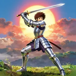 a ultra detail picture portrait of A warrior in shimmering armor, the sun at their back, strides forward with sword held high. They are the embodiment of courage and strength, and they are ready to fight for what is right. vivid tones, wide angle, by miyazaki, nausicaa ghibli, 8k, photorealistic,