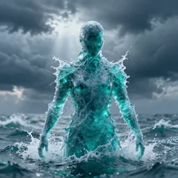 ninja made of water, made of liquid, rising up from ocean, water armor, high detail, high contrast, close up portrait, studio lighting, stormy seas, beautiful, bokeh, snowy, storm clouds, god rays, d & d, fantasy, elegant, aquamarine color palette, concept art, annie leibovitz, roger deakins and greg rutkowski and alphonse mucha