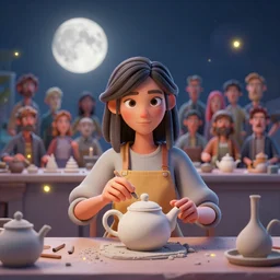 mid size portret of a modern 3D artist into the camera sculpting a teapot, fireflies, full moon, Lilia Alvarado, Sophie Anderson, Mark Arian, Bob Byerley, Charlie Bowater, Mark Brooks, Steve Henderson, Justin Gerard, Arthur Hughes, Edward Robert Hughes, Mark Keathley, Victor Nizovtsev, Carlos Shwabe, Ross Tran, WLOP