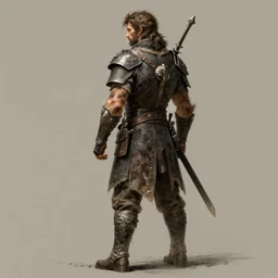 back portrait of a rugged ranger, full body, hairy torso, D&D, fantasy, intricate, elegant, highly detailed, digital painting, artstation, concept art, matte, sharp focus, illustration, art by Artgerm and Greg Rutkowski and Alphonse Mucha