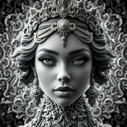 wonderful princess of fractals and patterns, beautiful face, hyper detailed, background intricate and detailed, ornate 8 k gorgeous intricate detailed, octane render, psychedelic, black and white