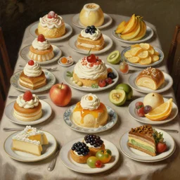 a table with lots of deserts and dishes and fruits and vegetables, realistic painting, classical painting, high definition, digital art, matte painting, very detailed, realistic, view from the top, top view perspective