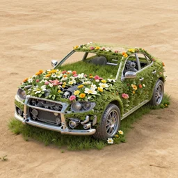 flowers made of automobile engine parts in dirt and grass