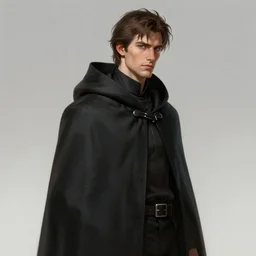 handsome man, black cloak, gaunt, brown hair, highly detailed, digital painting, artstation, concept art, smooth, sharp focus, illustration, art by krenz cushart and artem demura and alphonse mucha and tony sandoval