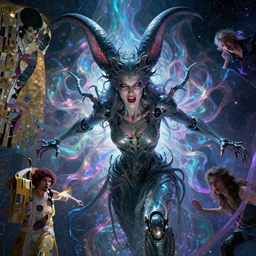 epic portrait of menacing, anxious, agitated yet stunningly beautiful biomechanical djinn the terrifying demigod of creation overseeing the iridescent fabric of the universe, by charlie bowater, mandy jurgens, gustav klimt, octane render, dramatic camera angle, 4k, 8k, high detail, HDR, by tom bagshaw, powerful, with inspiration from Beksinski, inspired by greek goddess Athena
