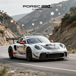 photograph, PORSCHE RSR, IROC, by Pete Biro, press release, cinematic, malibu canyon, 8k, depth of field, bokeh. debadged ,