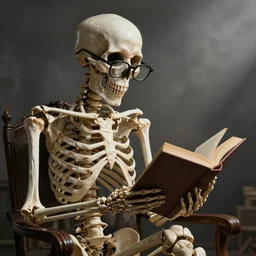 a skeleton with glasses reading a book, realistic, hyperrealism, digital art