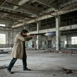 a man wearing a trenchcoat and firing with a shotgun in an abandoned industrial complex, intricate details, cinematic, wide angle