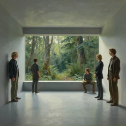 a futuristic minimalistic tiled room with a view of the forest, tim hildebrandt, wayne barlowe, bruce pennington, donato giancola, trending on artstation, cinematic composition, beautiful lighting, hyper detailed, 8 k, oil on canvas
