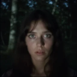 eyes looking at camera in forest at night, far away from camera, 70s photo, out of focus, motion blur, cctv footage, horror movie, horror lighting, blair witch project, old photo