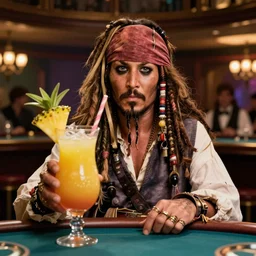 photorealistic, highly detailed, Jack Sparrow in a casino, piña colada
