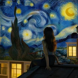 a romantic girl with dark descending hair on the roof of the house in rotterdam looks at the stars, in the windows yellow light, wang gogh wrote