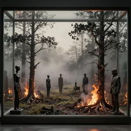 the pits of despair, detailed matte painting of a foggy morning landscape with the smouldering embers of trees, in a glass display case assemblage by robert rauschenberg, raqib shaw, kati horna, francis bacon, alberto giacometti, beksiński, mike winkelmann, murnau, dave mckean
