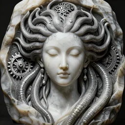 medusa, highly detailed, symmetrical long head, smooth marble surfaces, detailed ink illustration, raiden metal gear, cinematic smooth stone, deep aesthetic, concept art, post process, 4k, carved marble texture and silk cloth, latex skin, highly ornate intricate details, in the style of frank miller