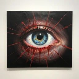 there is a picture hanging on the wall which depicts the all - seeing eye, a lot of blood, illusions, artstation hq, in style of simon c page