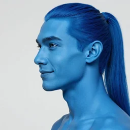 photo of a blue man looking sideways with [ [ blue ] ] [ skin ] and elegant smiling chiseled jaw, elf ears, long blue ponytail with multiple braids, hair is cropped on the sides of the ears, [ white ] [ background ], 8 k, 8 5 mm f 1. 8