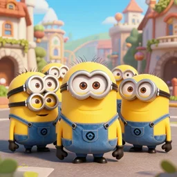a group of cute giant minions standing near a Town Center in the game Age of Empires, realistic minions