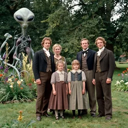 sharp, highly detailed, 8182k film, 3500mm film still from a sci fi blockbuster color movie made in 2019, set in 1860, of a family standing in a park, next to some alien plants and flowers, the family are all wearing 1860s era clothes, good lighting, good photography, in focus