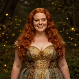 a happy a young woman wearing a sophisticated dress, among the lights of golden fireflies and nature, long loose red hair, intricate details, green eyes, freckles on the nose, round gentle face, full figure portrait, golden ratio, high contrast, photorealistic digital art by artemisia lomi gentileschi and caravaggio and tomacz alen kopera.