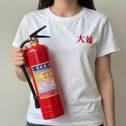 a photo of a woman wearing a shirt holding a fire extinguisher, on her shirt writes two aunts