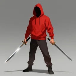 a man in a red hoodie holding two swords, concept art by ryan stegman, trending on artstation, sots art, official art, concept art, wallpaper