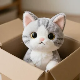 a cat plushie in a cardboard box