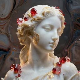 abstract highly detailed female sculpture portrait made of white marble and red crystals quartz, ethereal lights, fine details, artstation, film still, rim light, cinematic photoshooting, luxury, 8 k, intricate golden filigree, octane render, hypperrealistic painting, abstract liquid acrylic art, painting by alex heywood, randy bishop, kidmograph