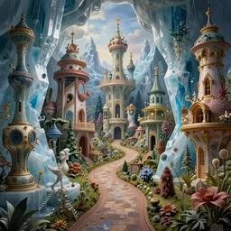 beguiling epic stunning beautiful insanely detailed matte painting of an impossible path winding through arctic dream worlds with surreal architecture designed by heironymous bosch, structures inspired by heironymous bosch's garden of earthly delights, surreal ice interiors by cyril rolando and asher durand and natalie shau, whimsical, sense of awe, intricate