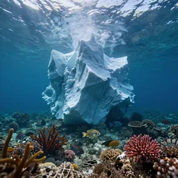 highly detailed photo of underwater life in the sea in the style of Greg Rutswoski, iceberg, hyper realistic, wide angle shot, concept art, 8K detail post-processing