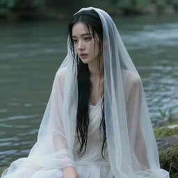 beautiful woman with black hair, dressed in a wet transparent white veil, sitting near a river, photorealistic, movie still, in a neoclassicism art style