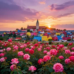 colorful town at sunset, full of roses