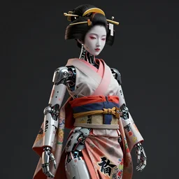 full body portrait of a beautiful japanese robotic geisha with wires and kanji tattoos and decals, dramatic lighting, hyper - realistic, ultra - realistic, intricate details, japanese model, 8 k ultra high definition, octane render