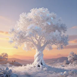 an enchanted white shimmering iridescent tree in the middle of a stunning fantasy landscape during sunset, golden hour, by daniel conway, daniel jean - baptiste and andreas rocha, highly detailed, fantasy, concept art, trending on artstation, illustration, beautiful digital art