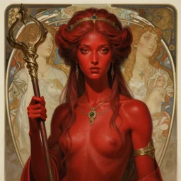stunning goddess of gods portrait, red skin, scepter, fantasy, intricate, elegant, highly detailed, digital painting, artstation, concept art, smooth, sharp focus, illustration, art by krenz cushart and artem demura and alphonse mucha and tony sandoval
