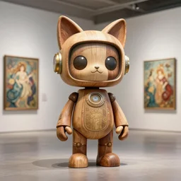 3 d octane render ultra 8 k photorealistic hyper detailed unreal engine a, vhs, futurepunk, concept art, trending on cgsociety, artwork masterpiece, in a contemporary art gallery, lossless quality, wooden sculpture on feet art toys, a very cute mystical robot of the bohemian with cats ears, by alphonse mucha