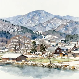 countryside in japan, winter, trees, mountains, watercolor-wash