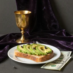 still life with avocado toast, golden chalice, flies, velvet, 1 0 0 dollar bills, by willem claesz heda