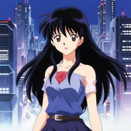 anime girl in front of a futuristic city in the style of Yusei Matsui,