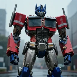 a jvc radio as an autobot transformer in a film noir. moody, medium close shot. overcast, rainy.