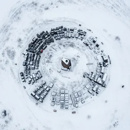 snowy region on coast of Iceland, old mine and crates full of supplies buried in snow::2 aerial drone perspective, top down view ::1 sattelite image of snow from 150 meters height, some coal boxes and barrels are covered in snow, old mine remains :: 1 snow, wind falling snow ::1