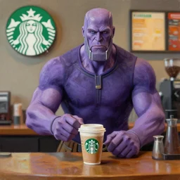 thanos working at starbucks, oil painting, octane render