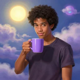 portrait of a ( ( ( una taza de cafe grande y morada ) ) ), ( ( guapo joven caliente brasileno mulato pelo chino ) ), nubes y magia, el sol, concept character, by greg rutowski and tezuka and oi and mucha and bierstadt and remington, trending on artstation