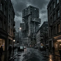 berlin street scene, at night, rain, dystopian brutalist architecture, dark light, high detail, ominous mood, high detail, limited colour palette, illustration, by sparth