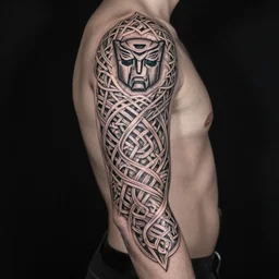 intricate nordic viking ornamental knotwork tattoo sleeve with the transformers!! autobot!! logo