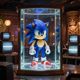 robot staring at sonic the hedgehog in a mirrored monolith, from 1977, in a tiki bar, volumetric lighting, surrounded by crt monitors, low-light photograph, in the style of jack bridgeland