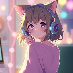 an anime catgirl listening to music on headphones, candy pastel, backlighting, trending on pixiv