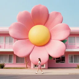 giant flower head, girl walking in 1 9 6 0 s hotel, surreal, symmetry, mid century, fanciful, hue, detailed, wes anderson