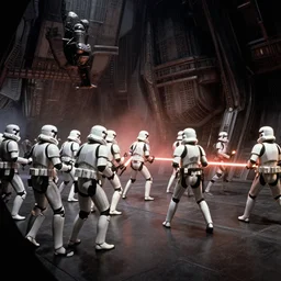 film still from star wars the empire strikes back, stormtrooper invasion, battle in a rebel base, interior shot, concept art